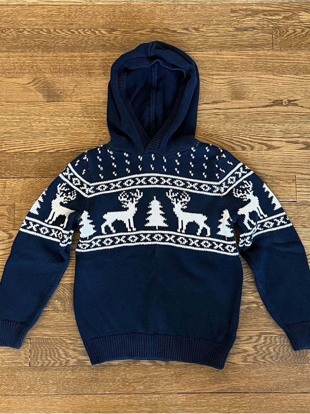Old Navy Kids Reindeer Blue and White Knit Hooded Sweater Boys Size S (6/7)